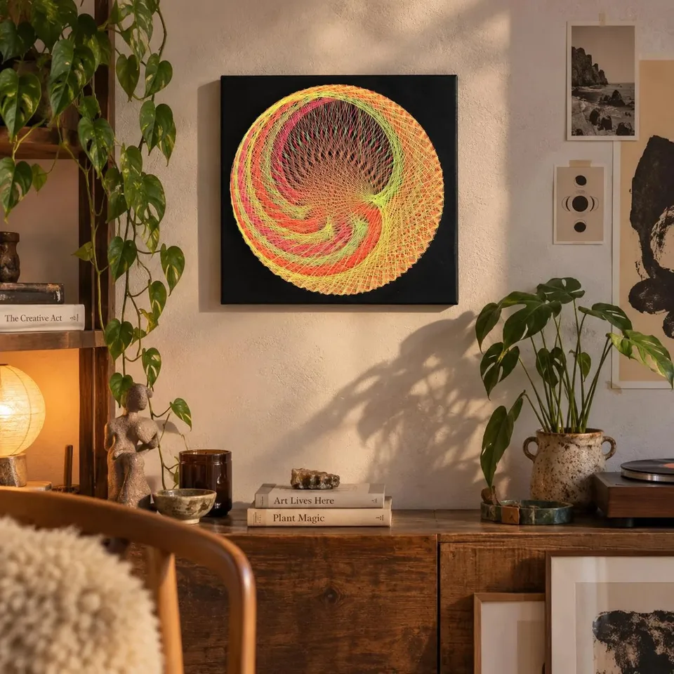 Handmade Neon String Art Wall Decor, Psychedelic Sacred Geometry, UV Reactive Boho Art (30x30cm) — 6/6