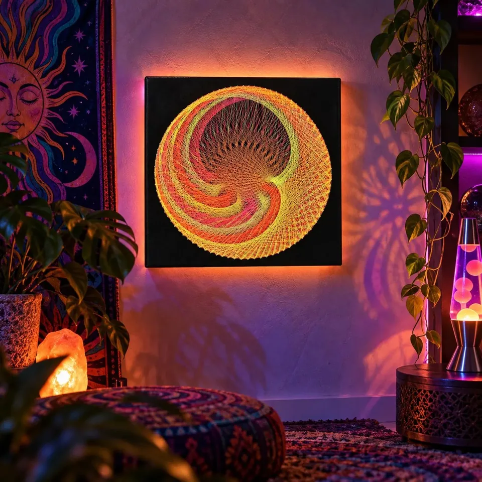 Handmade Neon String Art Wall Decor, Psychedelic Sacred Geometry, UV Reactive Boho Art (30x30cm) — 5/6