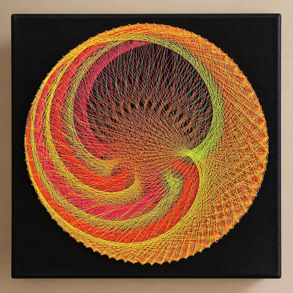 Handmade Neon String Art Wall Decor, Psychedelic Sacred Geometry, UV Reactive Boho Art (30x30cm)