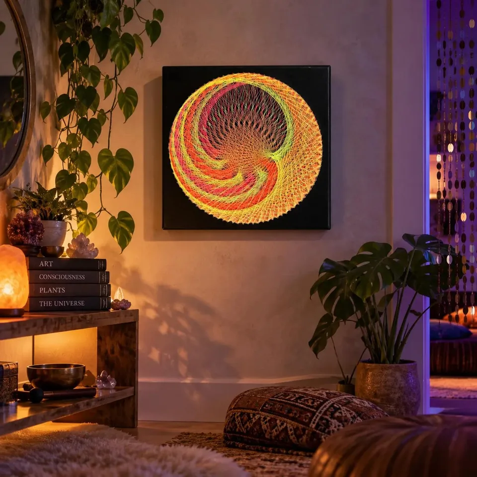 Handmade Neon String Art Wall Decor, Psychedelic Sacred Geometry, UV Reactive Boho Art (30x30cm) — 4/6
